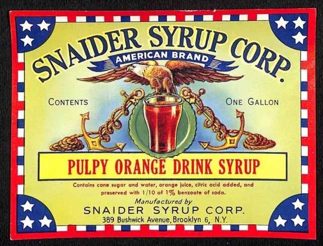Pulpy Orange Snaider Syrup Corp. Brooklyn Paper Soda Label c1940's Patriotic
