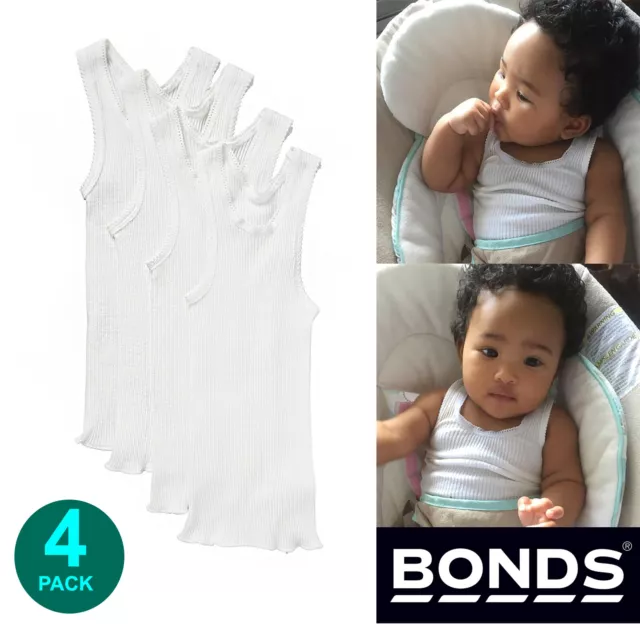 BONDS 4 Pack Baby Newborn Kids Girls Boys Vest Singlet Tank Top Underwear White