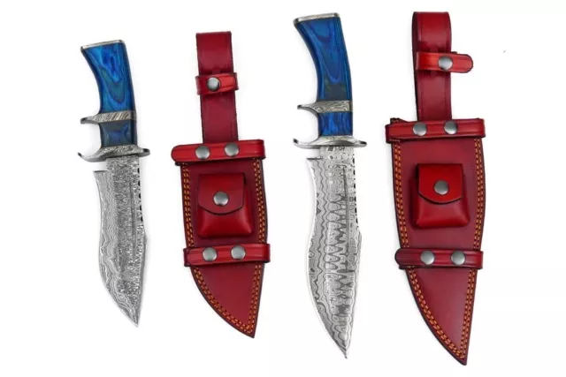 Duo Damascus Hunting Knife Set - Blue and Coloured Wood Handles, 15" and 11.5" 3