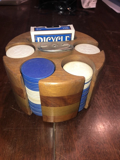 Vintage Hardwood Poker Chip Caddy  Carousel Small with pressed wood chips