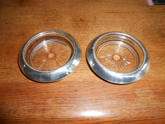 Antique Vintage Pair Of Silver Rimmed & Glass Frank M Whiting Bottle Coasters