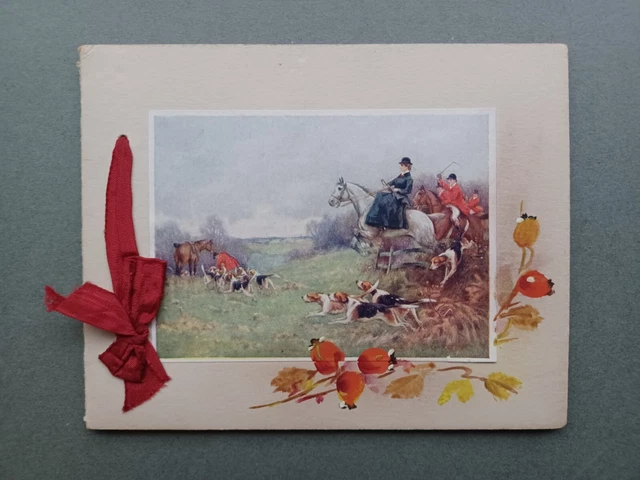 1935 Christmas Card Horses & Hounds - Artist Drawn, Hand-Painted Inner Sheet