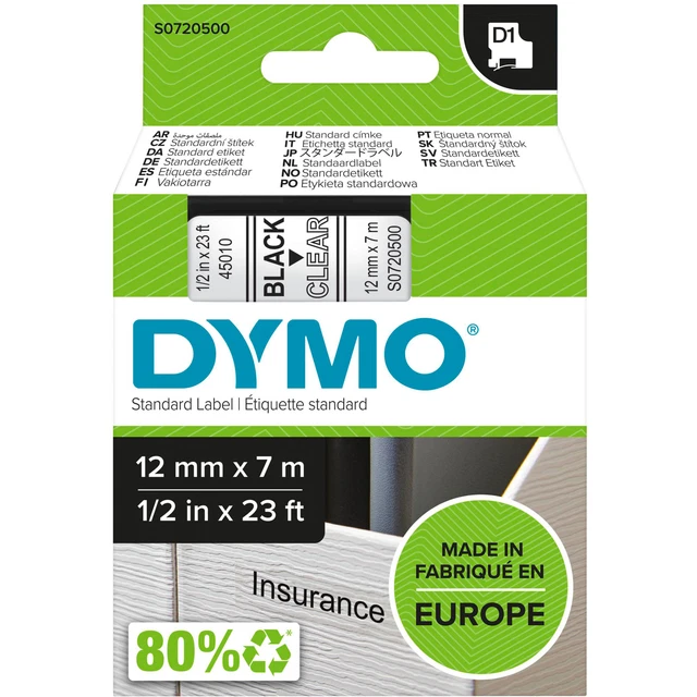 Dymo D1 ORIGINAL Schriftband, schwarz auf transparent, 12mm x 7m
