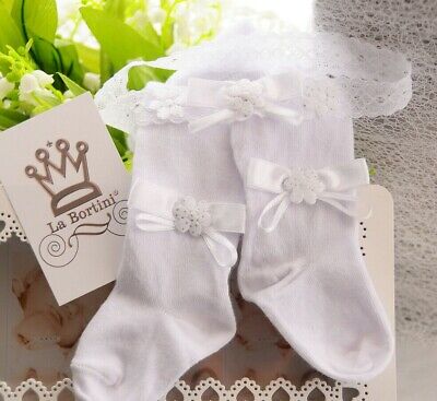 La Bortini Baby Socken Stirnband SET Weiß Rosa Taufe 50 56 62 68 74 80 86 Haarband Kind 