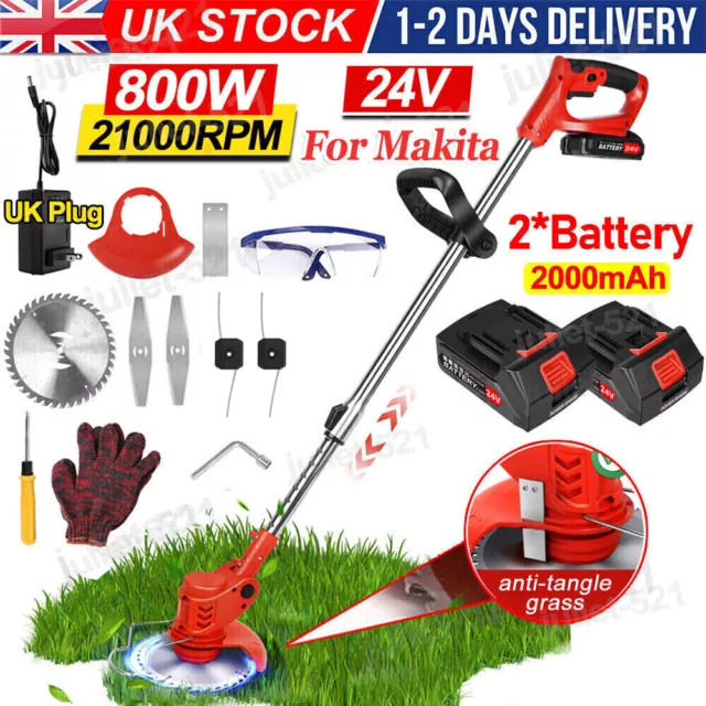 24V Cordless Electric Strimmer Grass Trimmer Weed Cutter Garden Edger +2 Battery