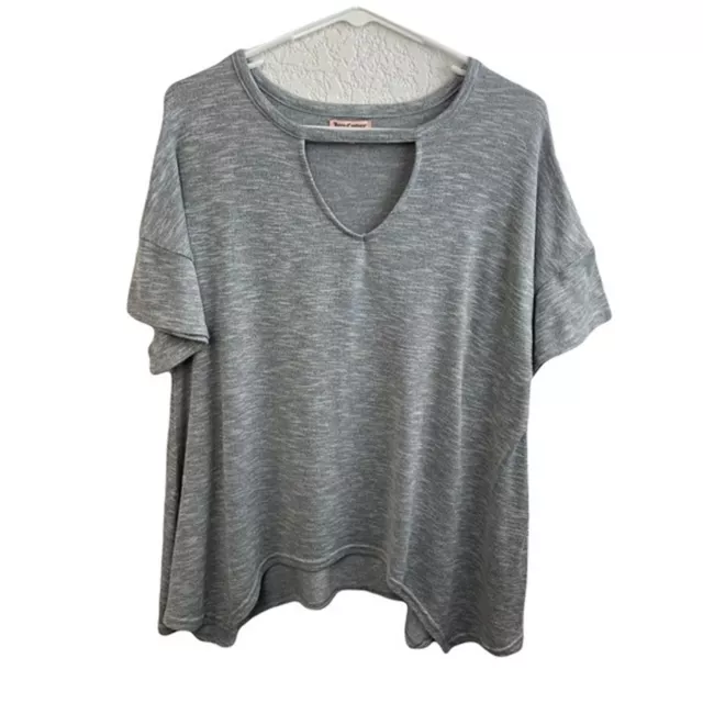 Juicy Couture Womens Grey Short Sleeve Keyhole Neck Sharkbite Hem Top Size L