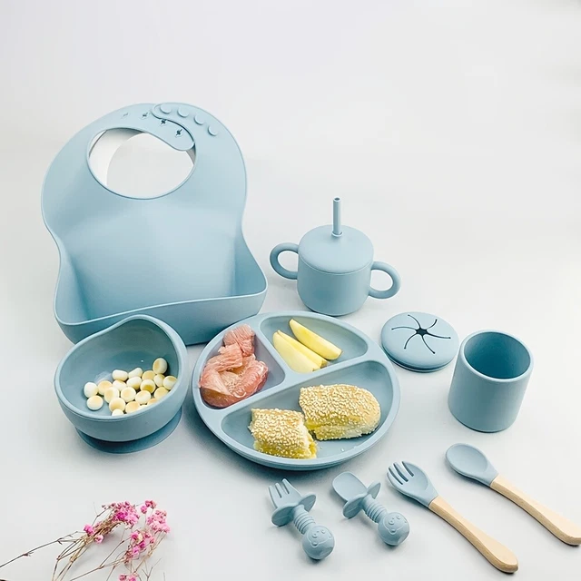 Kids Plate Silicone Portable Kids Bowl Drain Cup Bib Baby Snack Tool Set