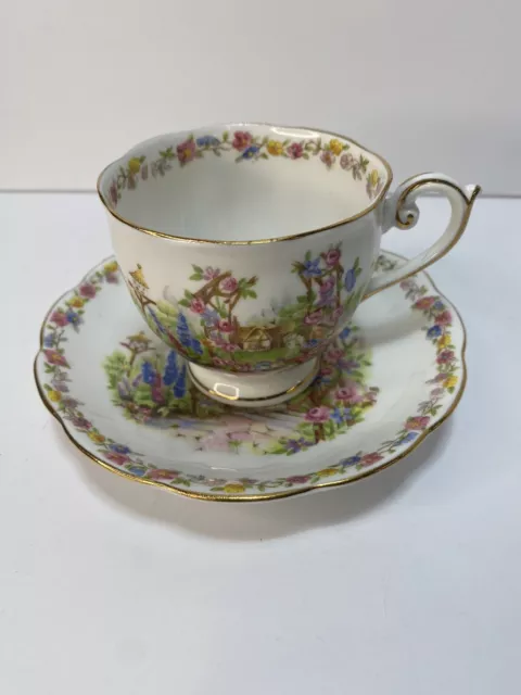 English Garden Thatched Roof Bell Tea Cup Saucer Rose Cottage Bone China Vintage