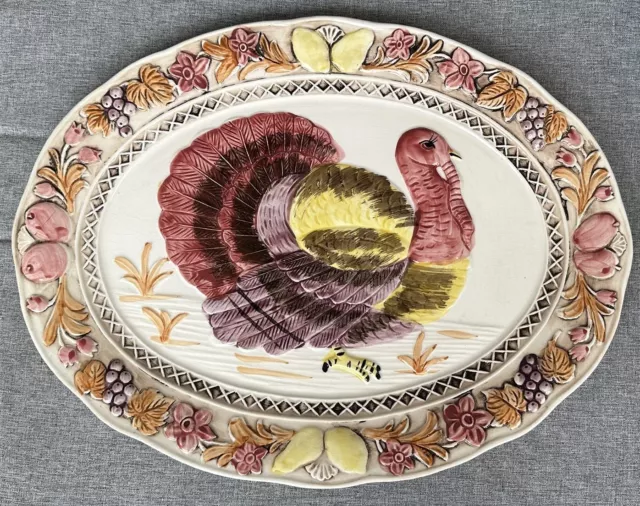 Vintage Large Hand Painted Embossed Turkey Platter - 19 X 14 1/2