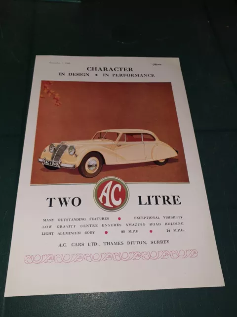 Original 1948 Double Sided Motor Car Advert - Ac 2 Litre - Radiomobile Radios