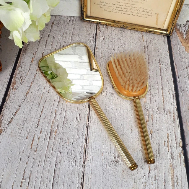 Set De Coiffure Vintage Miroir Et Brosse Métal Doré - Style Art Déco Années 40-60