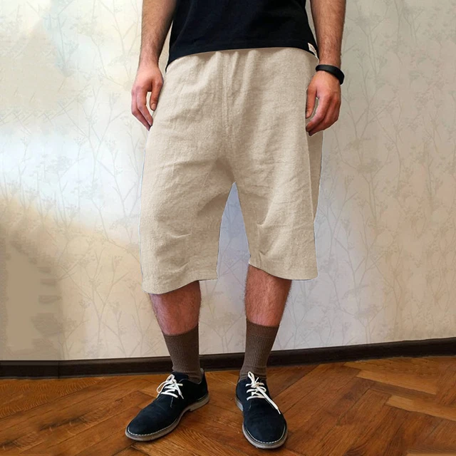 Mens Baggy Cropped Pants Drawstring Linen Casual Yoga Beach Hip Hop Pants