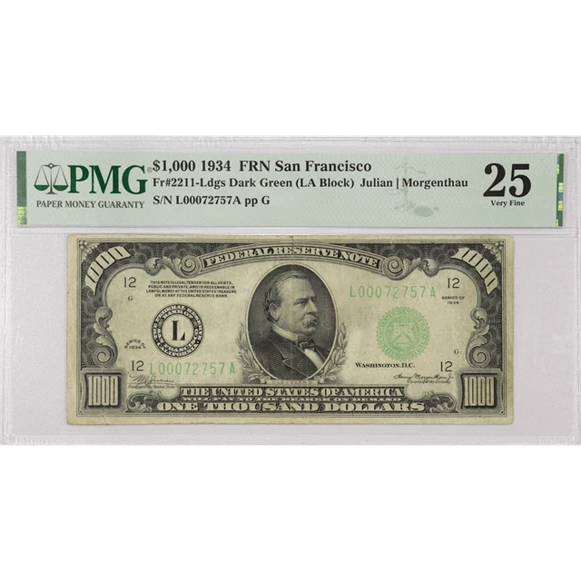 1934 $1000 Federal Reserve Note, San Francisco  Fr. 2211-L, PMG VF 25 - Repaired