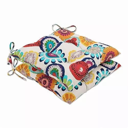 Bright Floral Indoor/Outdoor Chair Seat Cushion with Ties, Tufted, Weather, a...