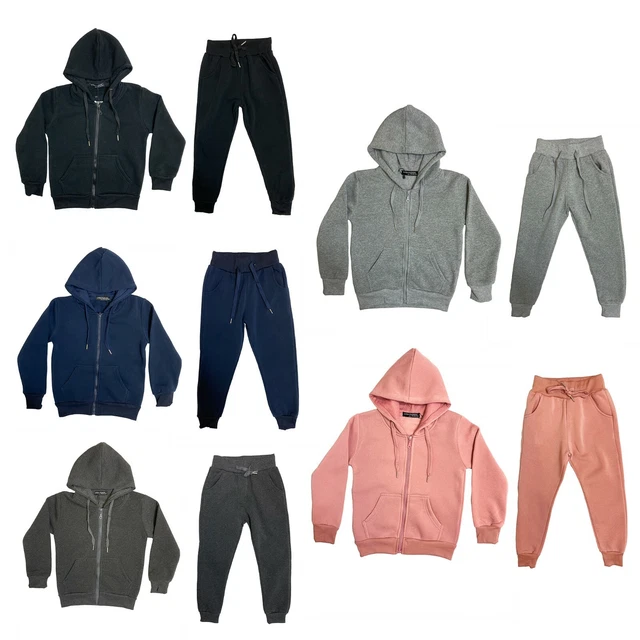 Boys Girls Kids Plain Tracksuit PE School Hoodie Joggers Fleece Jogging Bottoms