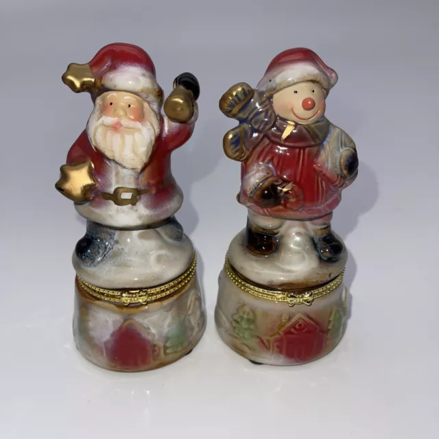 Snowman and Santa Trinket Boxes, Hinged Porcelain Christmas No Trinkets