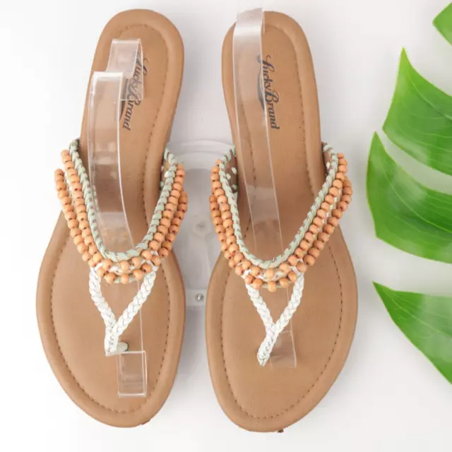 Lucky Brand Women's Dollis Sandal Size 9 Beaded Thong Slide Boho Flip Flop White