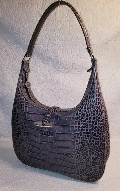 LONGCHAMP Gray Croc Embossed Leather Shoulder Bag Handbag Purse 12