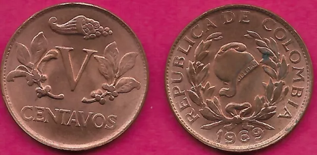 Colombia V Centavos 1969 Unc Liberty Cap Within Wreath,Date Below,Coffee Bea