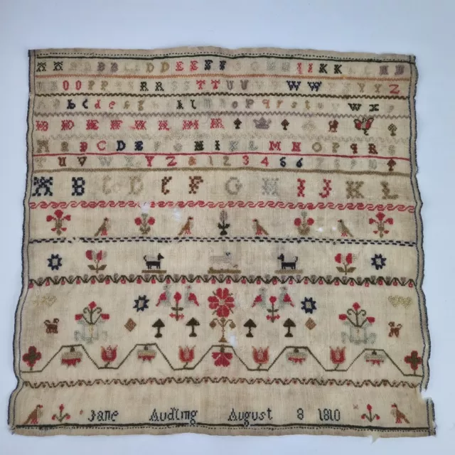 Antique George III Needlework Sampler By Jane Audling Dated 1810 Alphabet, Dogs