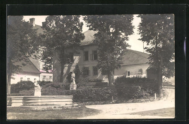 Foto-AK Nové Mesto, Straßenpartie im Ort mit Denkmal