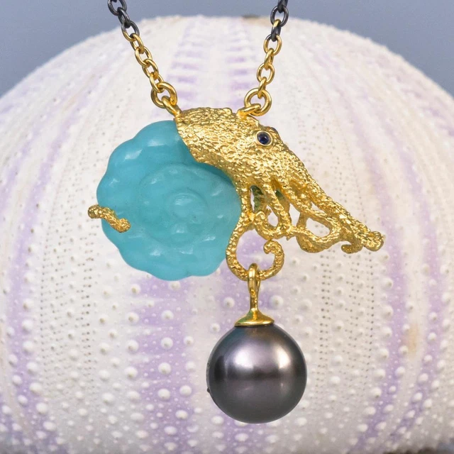 Necklace Nautilus Octopus Chalcedony Tahitian Pearl Gold Vermeil Sterling 14.31g