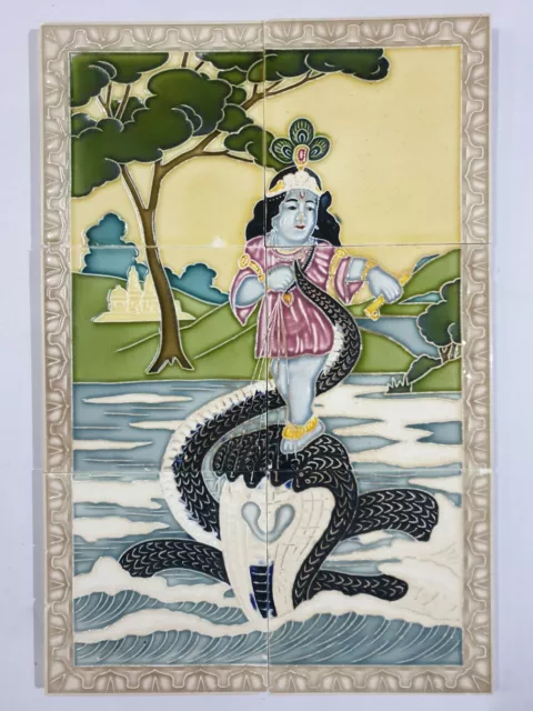 6pc panel x Vintage Majolica Tile KRISHNA DANCING ON SNAKE HEAD Japan