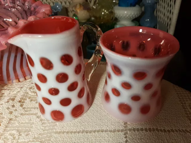 Vintage Fenton Cranberry Coin Dot Opalescent Creamer & Sugar! SIMPLY BEAUTIFUL!!