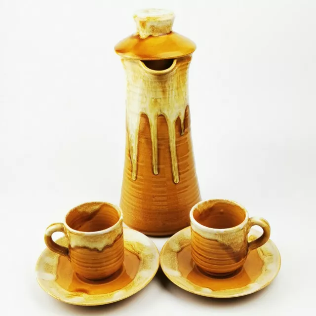 ~ Stunning ~ Youghal Irish Studio Pottery ~ Brown / Yellow Dripware Coffee Set ~ 2