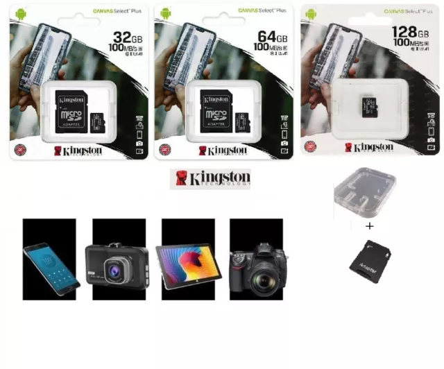 kINGSTON carte Mémoire Micro Sd Class 10 + Adaptateur+ Etui 32 64 128 GO GB 48 H