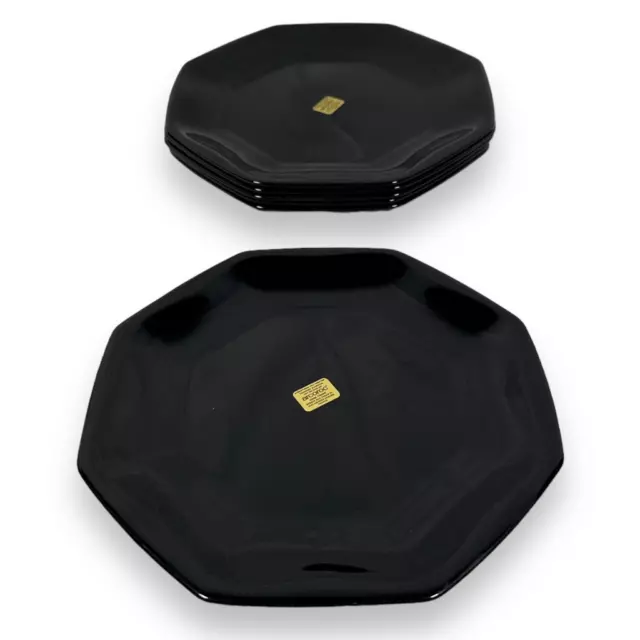 Arcoroc Octime Salad Plates Lot Of 6 Black Glass Octagon Shape France 7.75" New