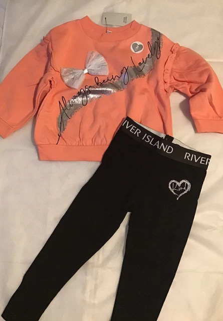 Set felpa con mini ragazze River Island età 2-3 anni fiocco glitter corallo nuovo con etichette 2