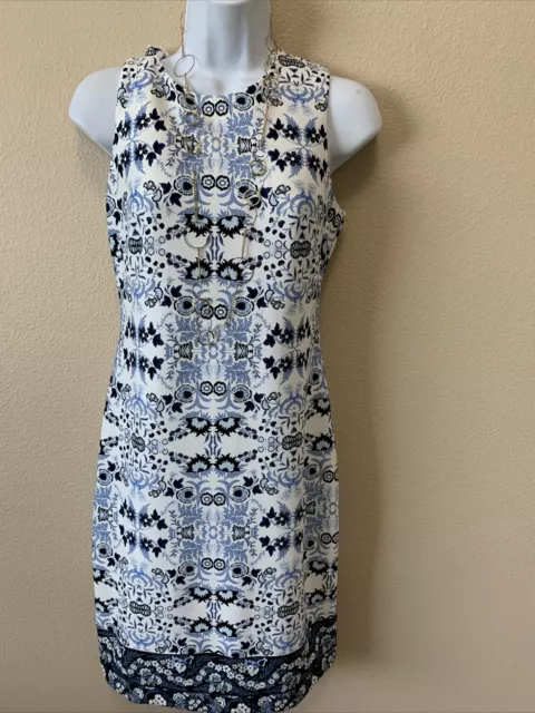 Vince Camuto sleeveless sheath dress, size 2 Blue White Floral Boho Tribal Coast