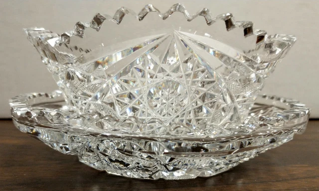 Antique ABP American Brilliant Period Cut Glass Mayonnaise Bowl & Underplate Set