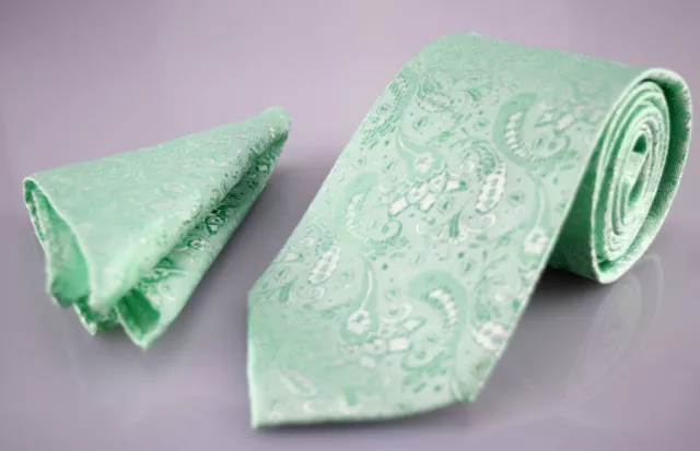 Neuwertig grün Herren Krawatte Taschentuch SET Seide Blumenmuster Tasche Quadratisch Serviette Taschentuch