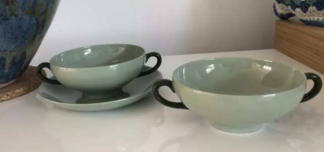2 VINTAGE WEDGWOOD CELADON & Barlaston SOUP BOWLS WITH 1 MATCHING PLATE Green