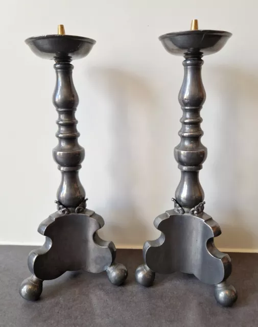 Pair Of Tall Antique Pewter Candlesticks Norway Baroque Style Alter Sticks 13"