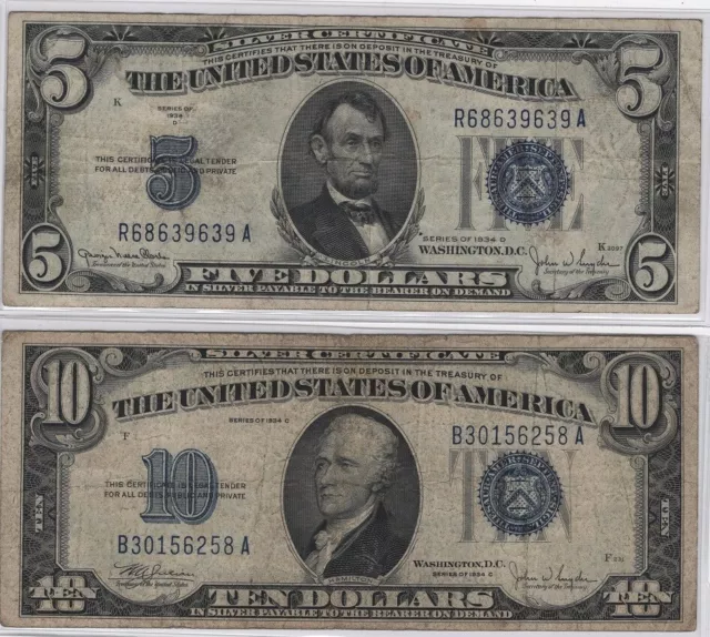 1934 Series $10 & $5 Blue Seal Silver Certificates Fine Condition