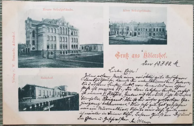 Ak Gruss aus Adlershof. Neues und Neues Schulgebäude, Bahnhof. 1900 Berlin.
