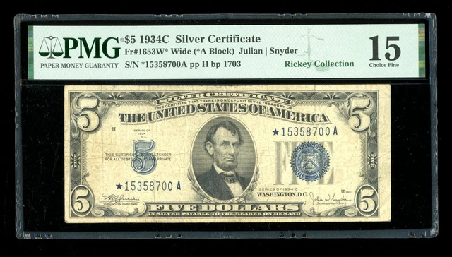 DBR $5 1934-C Silver STAR Fr. 1653W* Wide PMG 15 Serial *15358700A