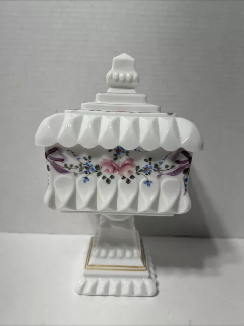 Westmoreland Roses & Bows Covered Compote Candy Dish MCM Milk Glass  9.75” Tall