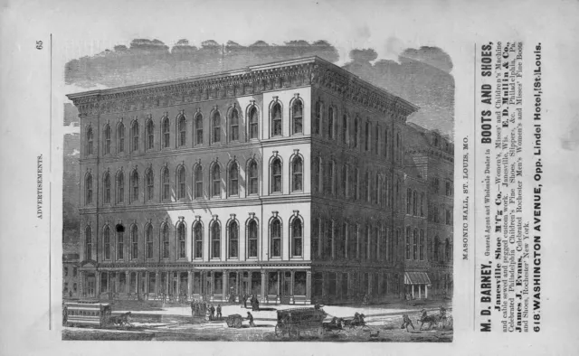 Masonic Hall  -  M D Barney  -  Boots and Shoes  -  St. Louis, Mo.  -  1877