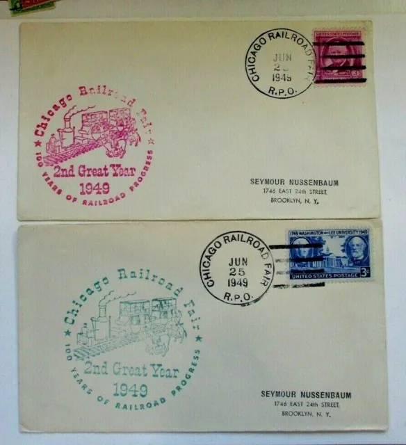 (2) COVERS CACHET 1949 "RPO  CHICAGO RAILROAD FAIR"  2nd GREAT YEAR  See Pics
