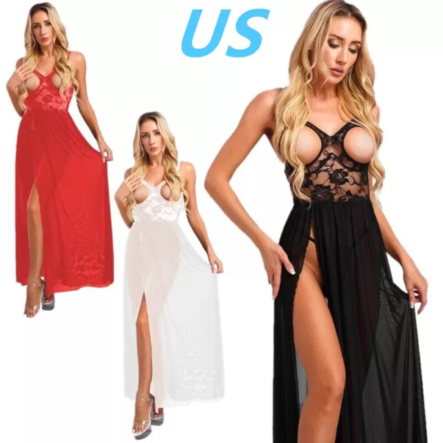 US Womens 2 Piece Sexy Nightwear Lace Open Cup Slip Dress with G-string Lingerie