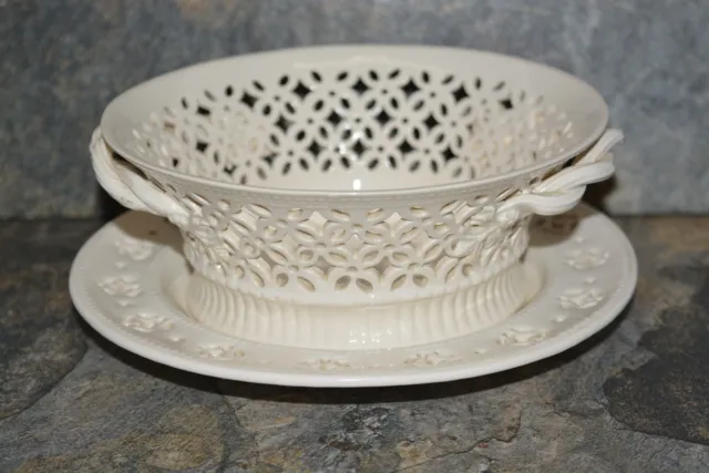 Original Leedsware Pierced Classical Creamware Berry Basket And Base