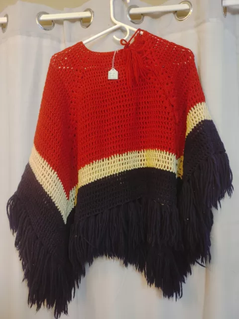 VTG Handmade Knit Crochet Poncho Fringe 70s Granny Red/White/Blue One Size