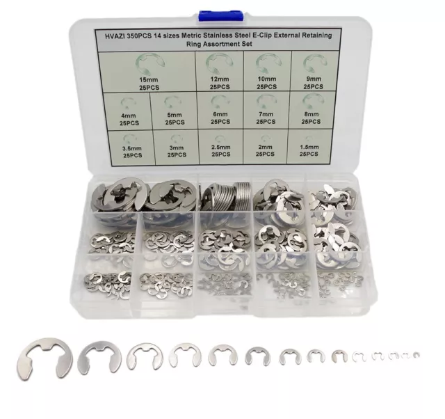 350PCS Stainless Steel E-Clip External Retaining Ring Assortment Set