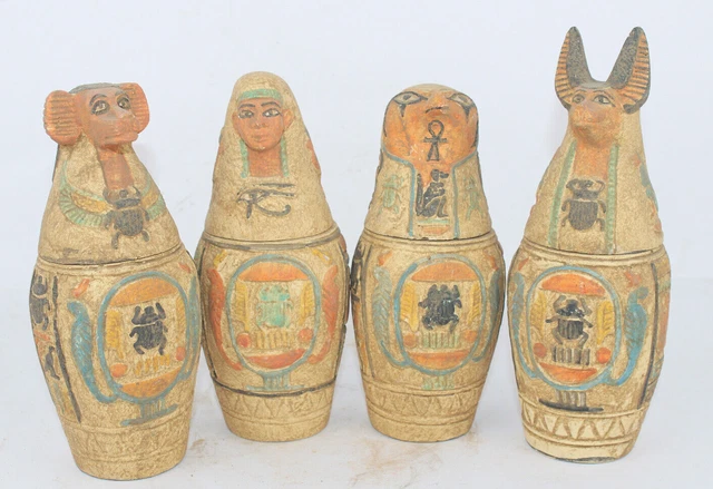 FARAÓNICO RARO ANTIGUO EGIPCIO ANTIGUO 4 CANOPIC Tarros Momificación (EGYCOM)