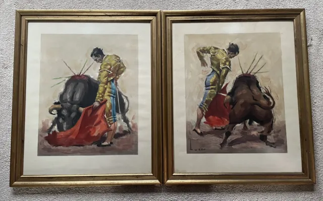 Pair Prints Bullfighting Josep M Tuser Mid Century Framed 19x23 Inch Large Rare