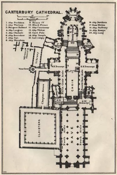Canterbury Cathedral floor plan. Kent 1957 old vintage map chart
